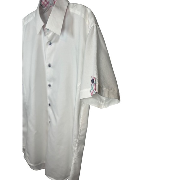 Jared Lang Men's Short Sleeve, Fitted, Pink Plaid Accent Cuff Sleeves, Size L - Picture 5 of 9